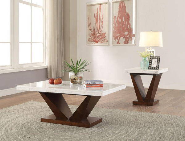 KD, Rectangular Coffee Table â€¢ Top: Real Marble â€¢ Wooden -"V-" Shape Base & Support Panel<br/><br/><b>Product Features</b><ul><li>Real Marble Top</li><li>Wooden -"V-" Shape Base</li><li>Forbes Collection: Dining 72120, Server 72123, Occasional 83335</