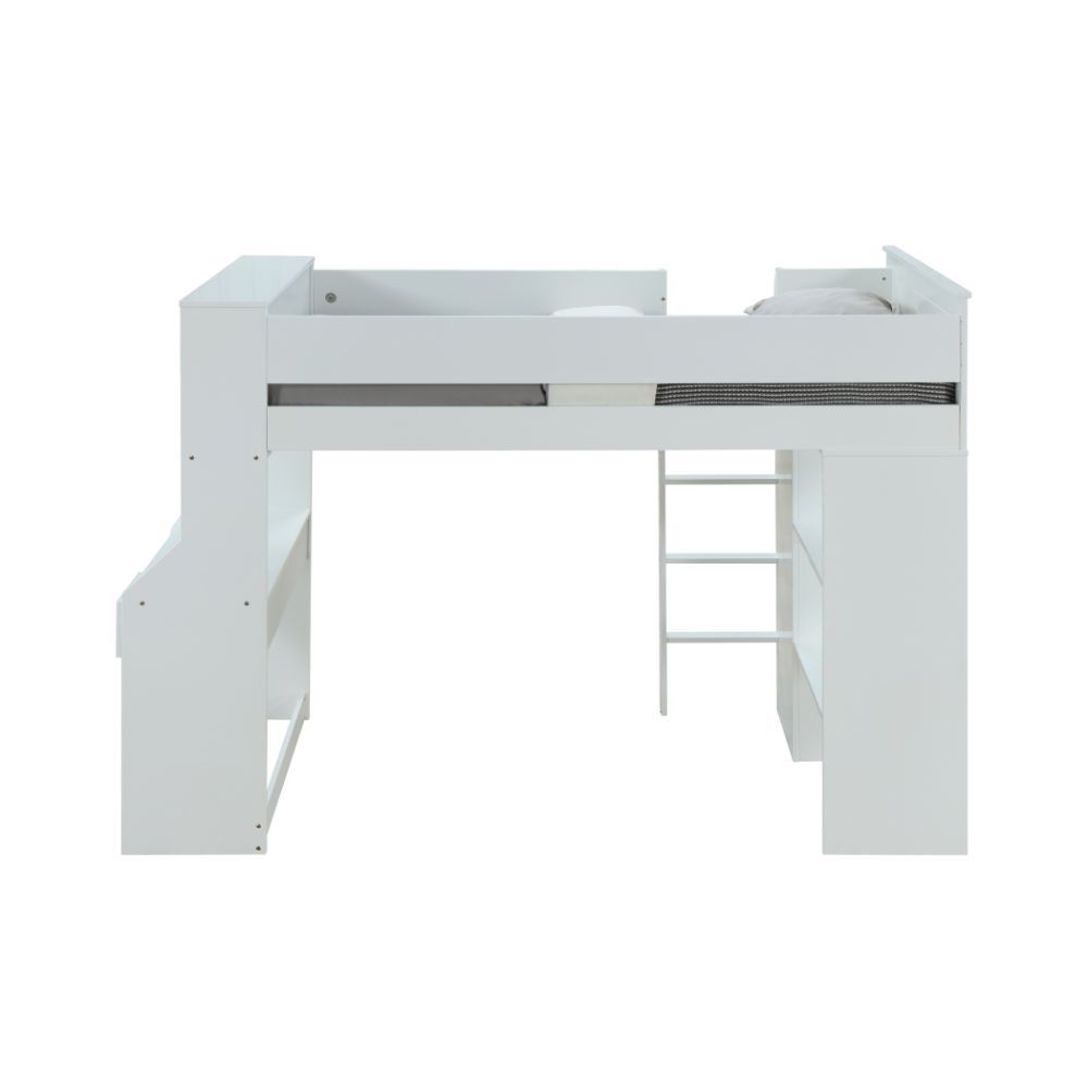 KD, Twin Loft Bed, (Includes: Desk, Wardrobe, Shelves) Slat System Included (12) LF Front Ladder (Not Reversible) Storage: RF Desk w/2 Drw & 2 Open Compartments, LF Wardrobe & Shelves Easy Access Guard-Rail (Top Bed) Twin Bed & Chair Sold Separately (3077