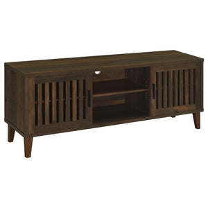Introduce a touch of mid-century modern flair in your living room with a TV stand constructed from engineered wood and rubberwood. This media console, designed for televisions up to 65 inches, offers a dark pine wood finish over melamine, blending excelle