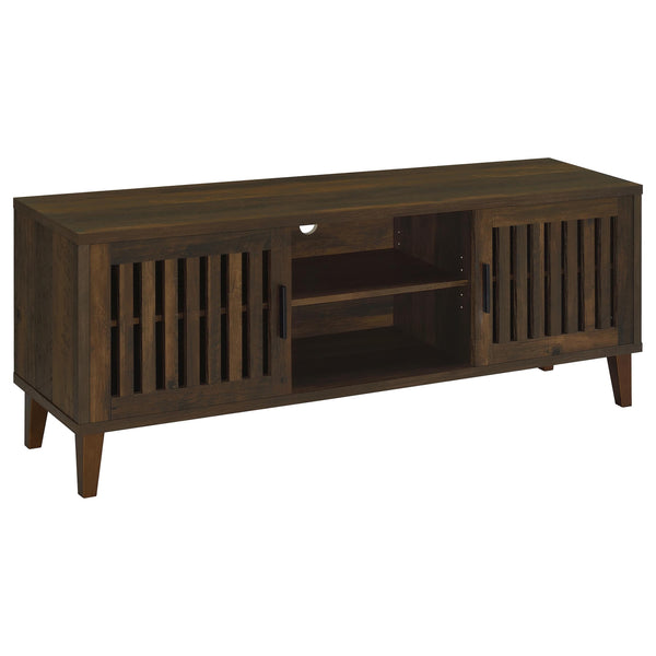 Introduce a touch of mid-century modern flair in your living room with a TV stand constructed from engineered wood and rubberwood. This media console, designed for televisions up to 65 inches, offers a dark pine wood finish over melamine, blending excelle