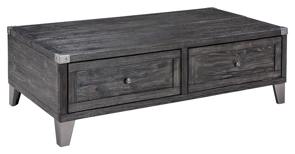 Mixed material lift top table truly elevates rustic-industrial style. Weather-washed pine wood and veneers are contrasted with canted metal legs and corner bracket accents for a uniquely chic merger of earthy beauty and contemporary flair. A handy spring-