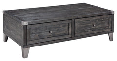 Mixed material lift top table truly elevates rustic-industrial style. Weather-washed pine wood and veneers are contrasted with canted metal legs and corner bracket accents for a uniquely chic merger of earthy beauty and contemporary flair. A handy spring-