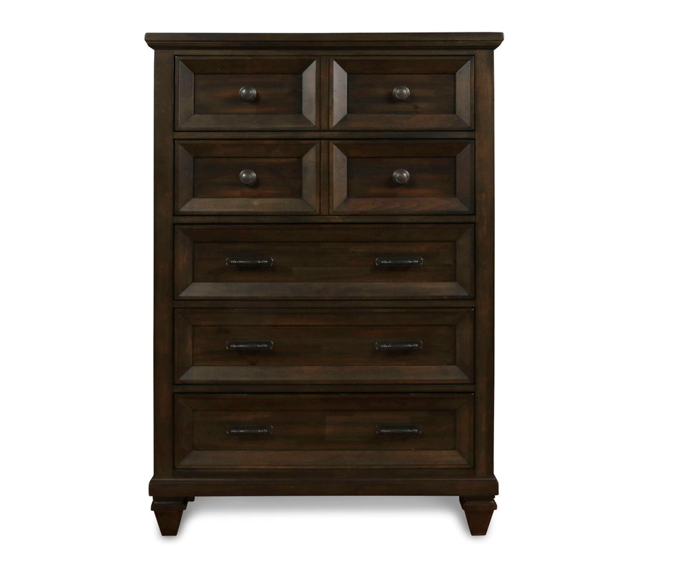 The Sevilla 5-Drawer Chest in walnut is a remarkable combination of timeless craftsmanship and versatile design, making it a sophisticated addition to any bedroom. Crafted from solid Acacia wood and enhanced with Acacia veneers, this chest is finished wit