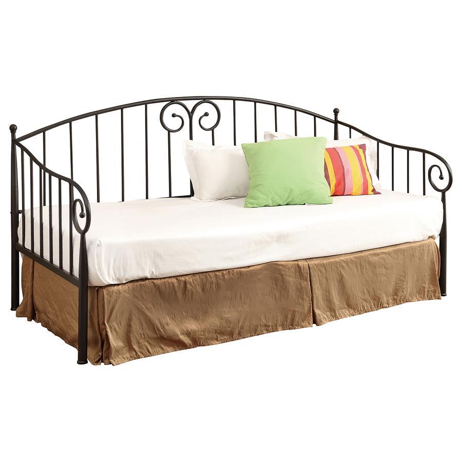 This gorgeous day bed features an elegant, scrolling design with smooth, graceful curves. Its sophisticated look lends a touch of classic glamour to a guest room. A bold, black finish adds a contemporary edge to its sleek silhouette. With its compact size