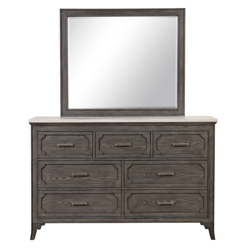 Introducing the Lisbon Dresser and Mirror 2 Piece Set in Gray, a timeless ensemble designed to elevate your bedroom with sophistication and functionality. Crafted from durable Acacia solid wood and adorned with eco-friendly embossed oak laminate, this set