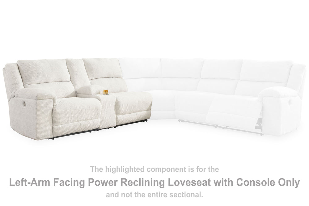 This left-arm facing power reclining loveseat with console is made with polyester upholstery. Pairs with other items in the series to make a sectional.<br><br><b>Additional Dimensions</b><br><ul><li>Arm height: 26-"</li><li>Seat depth: 22-"</li><li>Seat h