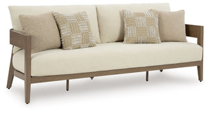 Elevate the appeal of easy-breezy living with this outdoor sofa. Made to look like wood yet durable enough to weather the elements, it-'s sure to serve you and your besties well, year after year. The gently curved piece features cushions wrapped in Nuvell