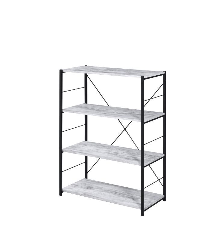 Meet the interesting contrast to rustic material and industrial design. This floor-standing bookshelf will stand out in any room with classic elements including the use of wood and metal. The black metal frame with -"X-" shaped back support adds industria