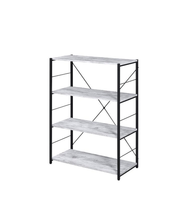 Meet the interesting contrast to rustic material and industrial design. This floor-standing bookshelf will stand out in any room with classic elements including the use of wood and metal. The black metal frame with -"X-" shaped back support adds industria