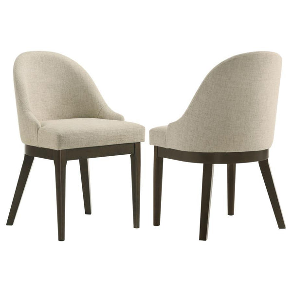 Enhance your dining experience with this sophisticated dining chair, featuring beige fabric upholstery for a cozy and refined touch. The curved backrest and generously padded seat ensure exceptional comfort. Built with a durable Asian hardwood frame in a 