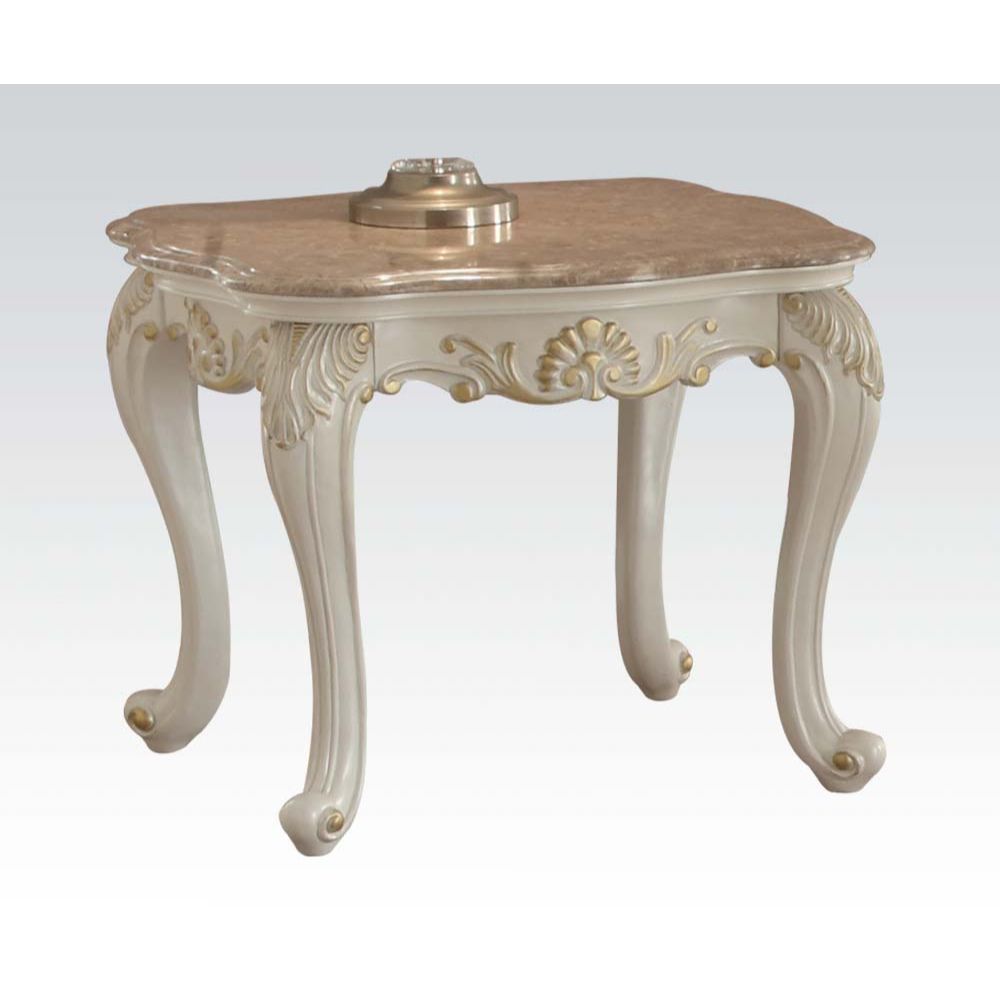 KD, Square End Table w/Marble Top â€¢ Curved Apron w/Scrolled Ornamental Details â€¢ Leg: Queen Anne w/Leaf Accent<br/><br/><b>Product Features</b><ul><li>Case: 1Pc/1Ctn</li><li>Finish: Marble & Pearl White</li><li>Style: Vintage</li><li>Materials: Wood, 