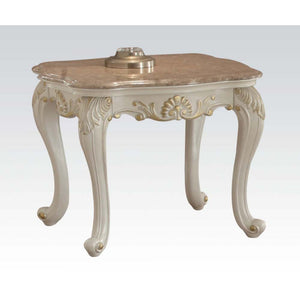 KD, Square End Table w/Marble Top â€¢ Curved Apron w/Scrolled Ornamental Details â€¢ Leg: Queen Anne w/Leaf Accent<br/><br/><b>Product Features</b><ul><li>Case: 1Pc/1Ctn</li><li>Finish: Marble & Pearl White</li><li>Style: Vintage</li><li>Materials: Wood, 
