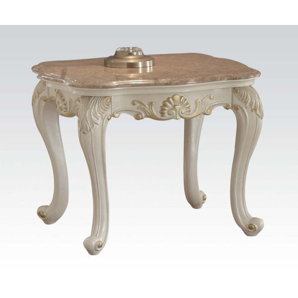 KD, Square End Table w/Marble Top â€¢ Curved Apron w/Scrolled Ornamental Details â€¢ Leg: Queen Anne w/Leaf Accent<br/><br/><b>Product Features</b><ul><li>Case: 1Pc/1Ctn</li><li>Finish: Marble & Pearl White</li><li>Style: Vintage</li><li>Materials: Wood, 