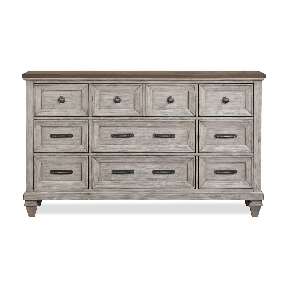 The Mariana 9-Drawer Dresser is a masterpiece of timeless craftsmanship and versatile design, making it a stunning addition to any bedroom. Skillfully crafted from solid Acacia wood and Acacia veneers, this dresser features a rich, hand-distressed Vintage
