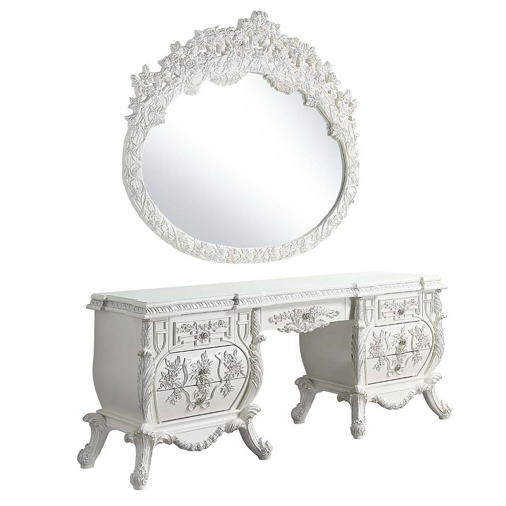 Luxurious style, sophisticated charm, and lustrous finishes are all included in the Vanaheim Bedroom Collection. Extravagant scroll floral design with gold trim accent creates classic appeal and timeless silhouettes. Button tufted headboard and footboard 