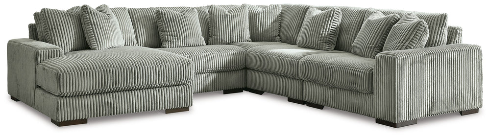 Plush and posh. Showcase your eye for on-trend texture with the statement-making cord upholstery of this sectional with chaise. Its stunningly soft fabric entices in a warm neutral hue, complementing contemporary color palettes. Sink into the cushions and