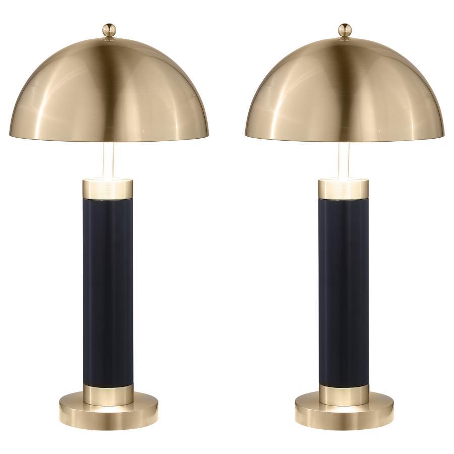 This pair of modern table lamps brings striking contrast with a bold black cylindrical base and gleaming dome-shaped shade. The column silhouette offers sculptural simplicity, while the brushed metal finish adds a sophisticated, polished accent. Ideal as 