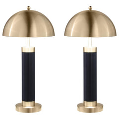 This pair of modern table lamps brings striking contrast with a bold black cylindrical base and gleaming dome-shaped shade. The column silhouette offers sculptural simplicity, while the brushed metal finish adds a sophisticated, polished accent. Ideal as 