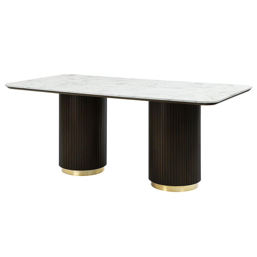 Clayten collection exudes elegance with its rectangular dining table featuring a fixed white marble top and double pedestal base with metal trim. Paired with upholstered chairs and a server with metal legs, this set blends sophistication and contemporary 