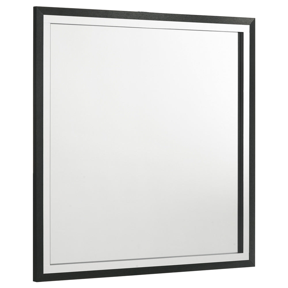Put a glamorous finishing touch on your dresser with a modern framed mirror. Offering a polished touch of style, the mirror boasts a sleek, squared silhouette complete with a bold black finish. Gleaming chrome finish trim augments the front of the frame, 