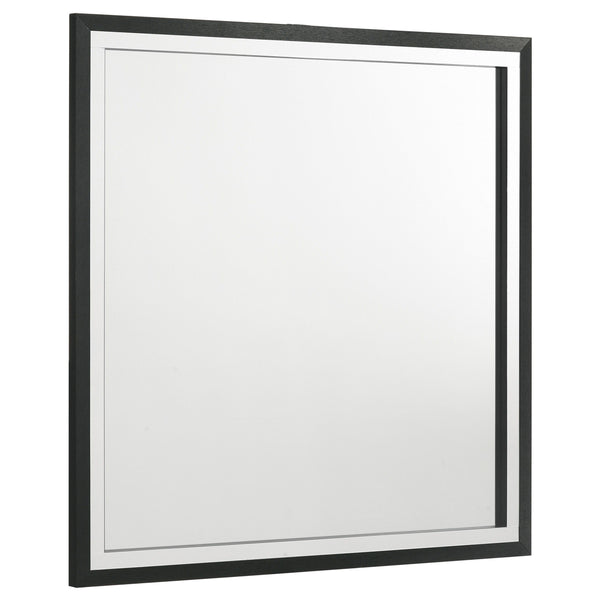 Put a glamorous finishing touch on your dresser with a modern framed mirror. Offering a polished touch of style, the mirror boasts a sleek, squared silhouette complete with a bold black finish. Gleaming chrome finish trim augments the front of the frame, 