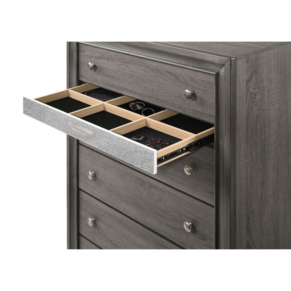 6 Drw (Jewelry Drawer w/Compartments) Drawer: GLIDE Center Metal (Kenlin, 3/4 Ext.), DOVETAIL English Front & Back, Fully Finished Inside (Full Ext. & FELT-LINED Only for Jewelry Drawer), Safety Stop, Manual Closing, Hdw: Double Pull Knobs (Handle Jewelry