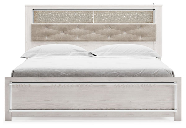  a pearlized finish and button-tufted upholstery bring a glam touch to the richly rustic appearance. Remote-controlle
