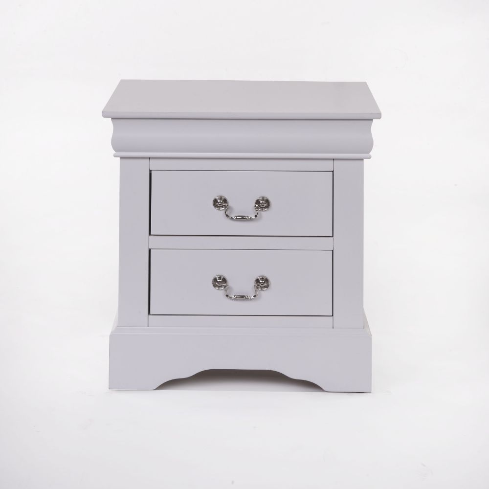 The Louis Philippe III collection nightstand comes in black, cherry, white, and antique gray finish. It has two drawers with center metal glide and brushed nickel metal handle. Offers you plentiful storage with spacious drawers<br/><br/><b>Product Feature