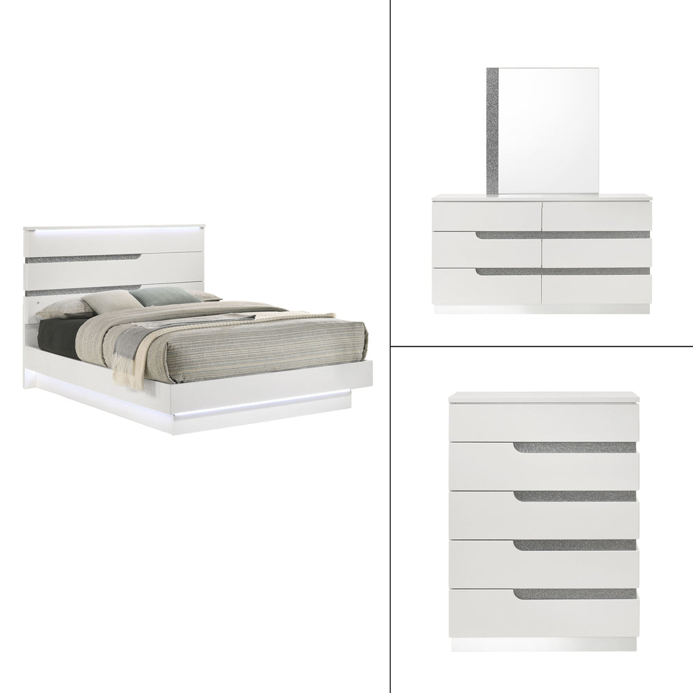 The Paradox 4 Piece Platform Bedroom Set in White is a stunning combination of contemporary style and functional elegance. This set includes a platform bed along with a dresser, mirror, and chest. The gleaming white gloss laminate finish offers a sleek, m
