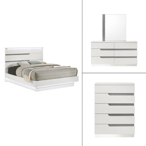 The Paradox 4 Piece Platform Bedroom Set in White is a stunning combination of contemporary style and functional elegance. This set includes a platform bed along with a dresser, mirror, and chest. The gleaming white gloss laminate finish offers a sleek, m