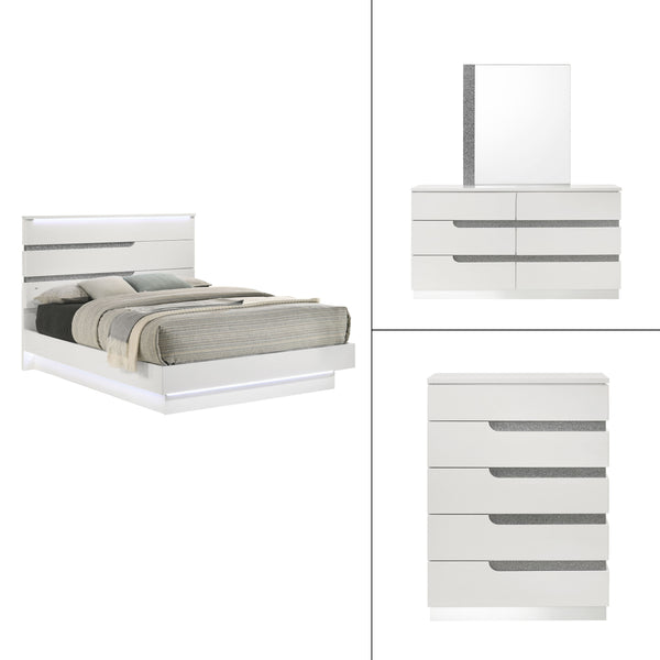 The Paradox 4 Piece Platform Bedroom Set in White is a stunning combination of contemporary style and functional elegance. This set includes a platform bed along with a dresser, mirror, and chest. The gleaming white gloss laminate finish offers a sleek, m