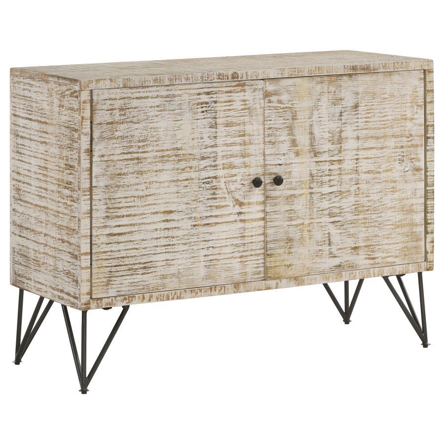 Bring a modern expression to your bohemian style space with this rustic industrial accent cabinet. A large and boxy, rectangular frame grounds a focal wall and welcomes a table lamp and decor along its narrow top surface. Double cabinet doors open up to r