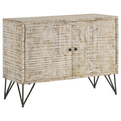 Bring a modern expression to your bohemian style space with this rustic industrial accent cabinet. A large and boxy, rectangular frame grounds a focal wall and welcomes a table lamp and decor along its narrow top surface. Double cabinet doors open up to r