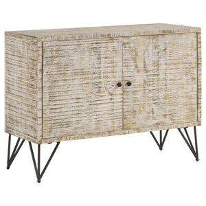 Bring a modern expression to your bohemian style space with this rustic industrial accent cabinet. A large and boxy, rectangular frame grounds a focal wall and welcomes a table lamp and decor along its narrow top surface. Double cabinet doors open up to r