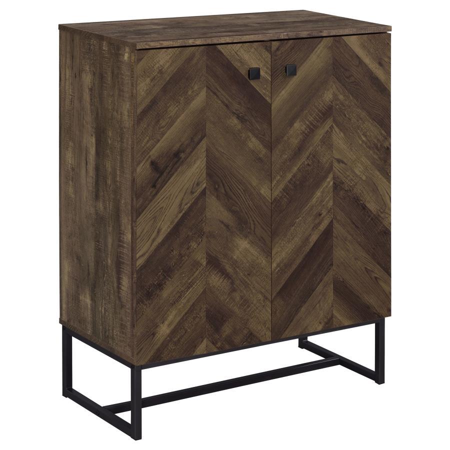 This two-door cabinet offers practical storage in a compact form, featuring a rustic oak finish and distinctive herringbone-patterned door fronts. Constructed from engineered wood with a scratch-resistant and eco-friendly laminate veneer, it includes mult