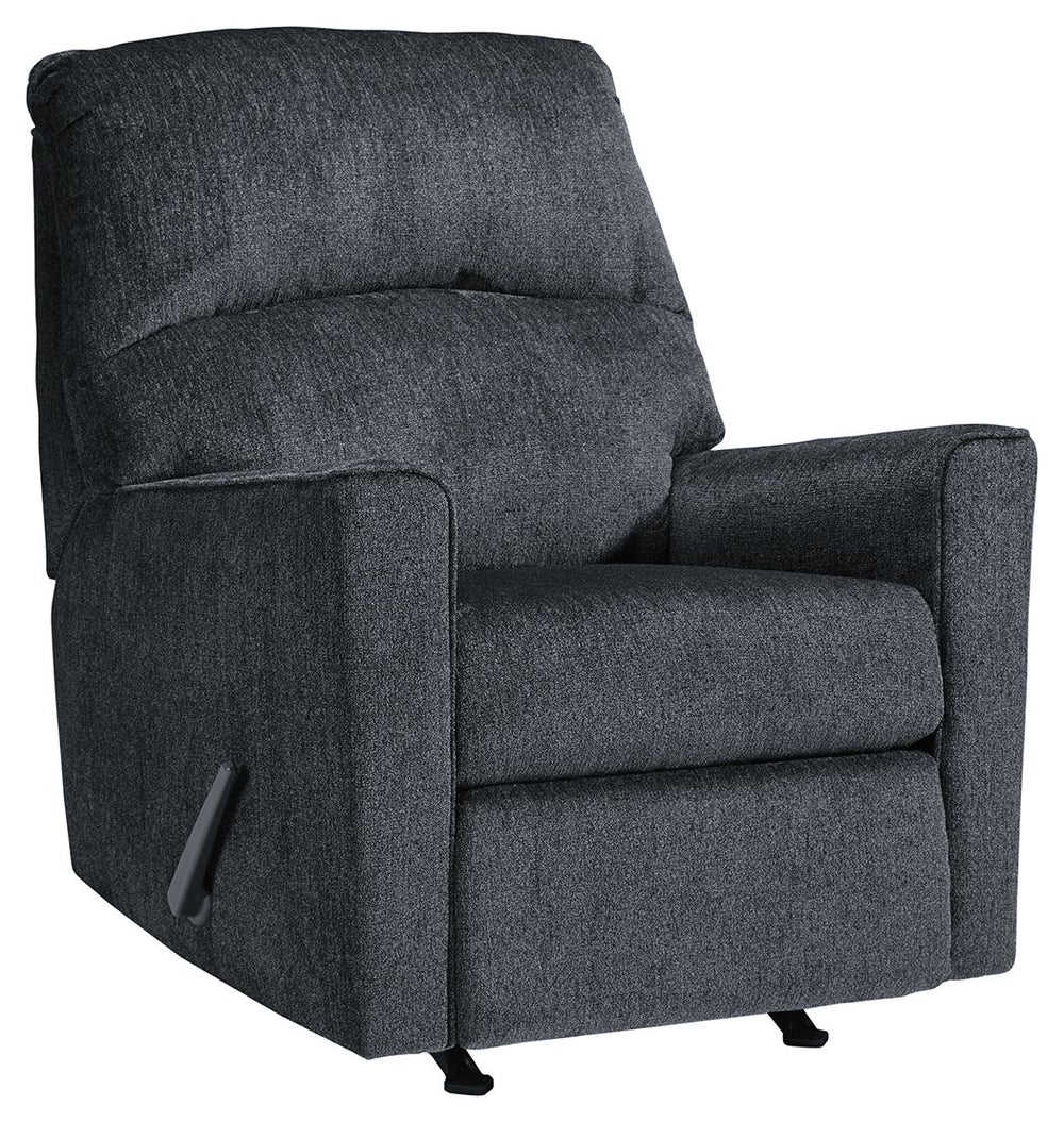 If style is the question, then this rocker recliner is the answer. Its clean-lined profile is beautifully contemporary. Plush chenille fabric and plump cushioning make it so easy to comfortably kick up your heels. And the recliner-'s richly neutral hue co