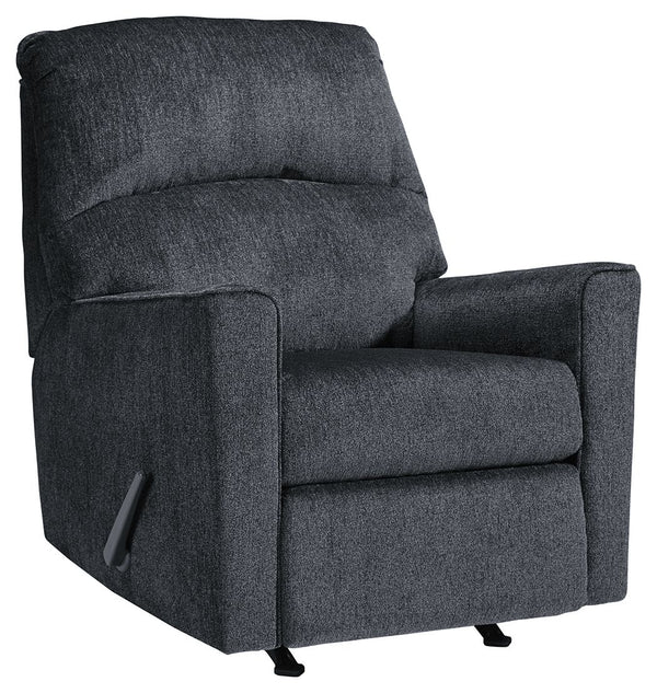 If style is the question, then this rocker recliner is the answer. Its clean-lined profile is beautifully contemporary. Plush chenille fabric and plump cushioning make it so easy to comfortably kick up your heels. And the recliner-'s richly neutral hue co