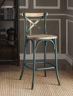 The Zaire collection chairs offer a vintage style bar chairs. It Features: reclaimed wood and metal looks, simple -"X-" style backrest, wooden seat, slightly flared four-legged base with footrest supports. Available in Antique Red, Antique Turquoise, Anti