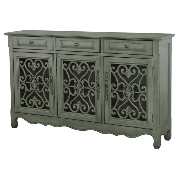  and sculpted feet. Three doors reveal adjustable interior shelving