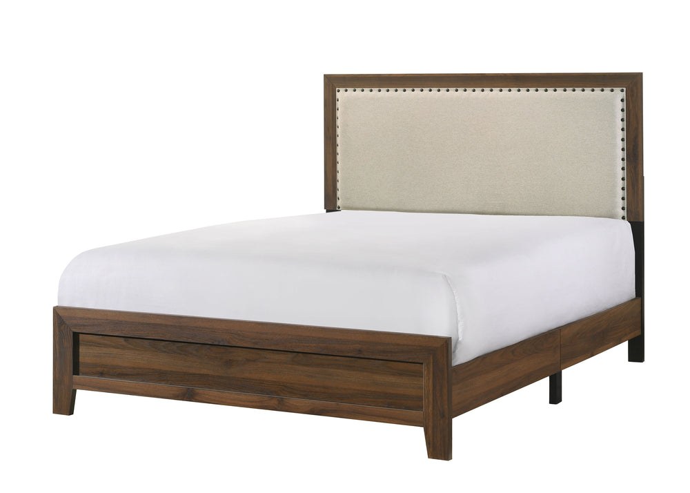 This bedroom set offers a minimalist design with a nod to rustic aesthetics, perfect for creating a serene and uncluttered space. The straightforward lines of the bed frame, combined with the upholstered headboard cushion, exude a sense of calm and comfor
