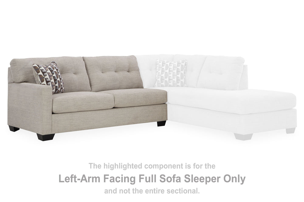 This left-arm facing full sofa sleeper is made with polyester upholstery. Pairs with other items in the series to make a sectional.<br><br><b>Additional Dimensions</b><br><ul><li>Arm height: 25-"</li><li>Seat depth: 22-"</li><li>Seat height: 20-"</li><li>