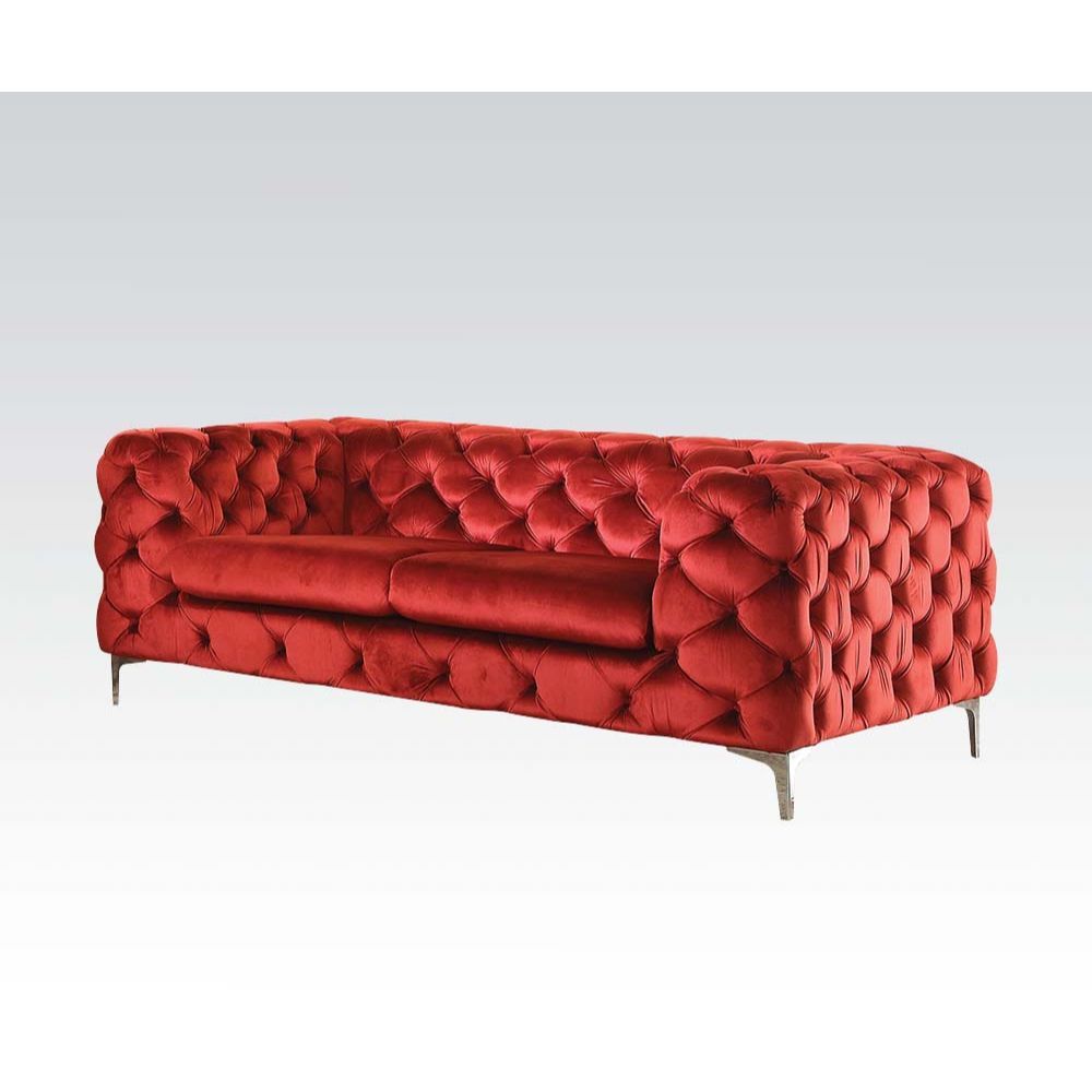 Elegant and eye-catching, the stunning Adam loveseat is the perfect addition to any space. Rich red velvet covers the plush. The comfortable seat was padded with high-density foam. Strength and beauty is guaranteed with a wood frame and sliver stainless s