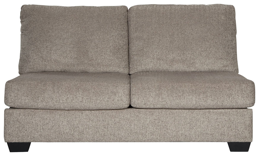 This armless loveseat is made with polyester upholstery. Pairs with other items in the series to make a sectional.<br><br><b>Additional Dimensions</b><br><ul><li>Leg height: 3.5-"</li><li>Minimum width of doorway for delivery: 32-"</li><li>Seat depth: 21-