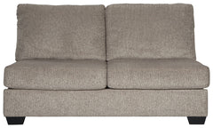 This armless loveseat is made with polyester upholstery. Pairs with other items in the series to make a sectional.<br><br><b>Additional Dimensions</b><br><ul><li>Leg height: 3.5-"</li><li>Minimum width of doorway for delivery: 32-"</li><li>Seat depth: 21-