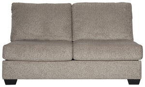 This armless loveseat is made with polyester upholstery. Pairs with other items in the series to make a sectional.<br><br><b>Additional Dimensions</b><br><ul><li>Leg height: 3.5-"</li><li>Minimum width of doorway for delivery: 32-"</li><li>Seat depth: 21-