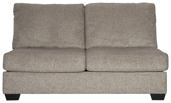 This armless loveseat is made with polyester upholstery. Pairs with other items in the series to make a sectional.<br><br><b>Additional Dimensions</b><br><ul><li>Leg height: 3.5-"</li><li>Minimum width of doorway for delivery: 32-"</li><li>Seat depth: 21-