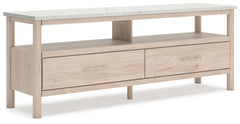 Imagine a TV stand that adds sophisticated and minimal boho style to your home with a stylish storage solution. This stand does just that. Its sleek design and replicated marble top create an upscale ambiance that-'s perfect for displaying your television
