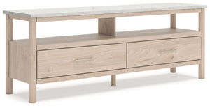 Imagine a TV stand that adds sophisticated and minimal boho style to your home with a stylish storage solution. This stand does just that. Its sleek design and replicated marble top create an upscale ambiance that-'s perfect for displaying your television