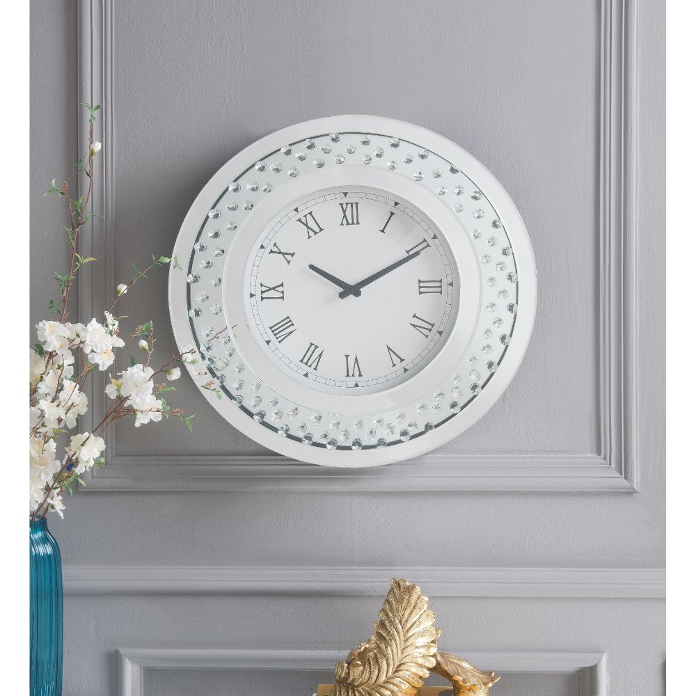 Round Clock (Wall) Beveled Mirrored Finish, Clear Glass & Faux Crystal Inlay Clock Mechanism: Quartz, Battery Required: 1A Not Included Chime Sound: Not Included (Low Ticking) Dial Numeral Type: Roman<br/><br/><b>Product Features</b><ul><li>Wall Clock</li