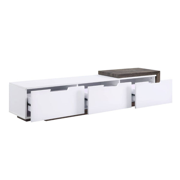  Sliding Side Top () Max. Recommended TV Size: 75-" Flat Panel (CM) Wooden Extendable Top: White High Gloss & Wood Metal Leg: Black Finish CONSTRUCTION] Wooden Case-Frame: High Gloss